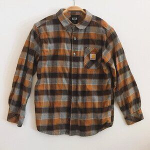 Carhartt boys long sleeved plaid button shirt.